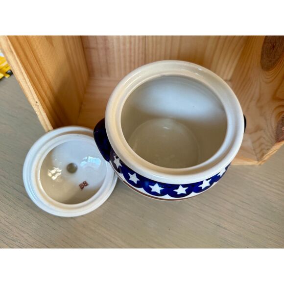 EUC Boleslawiec Polish Pottery Stars & Stripes Red Wht Blu Covered Sugar Bowl 5" - Picture 3 of 7